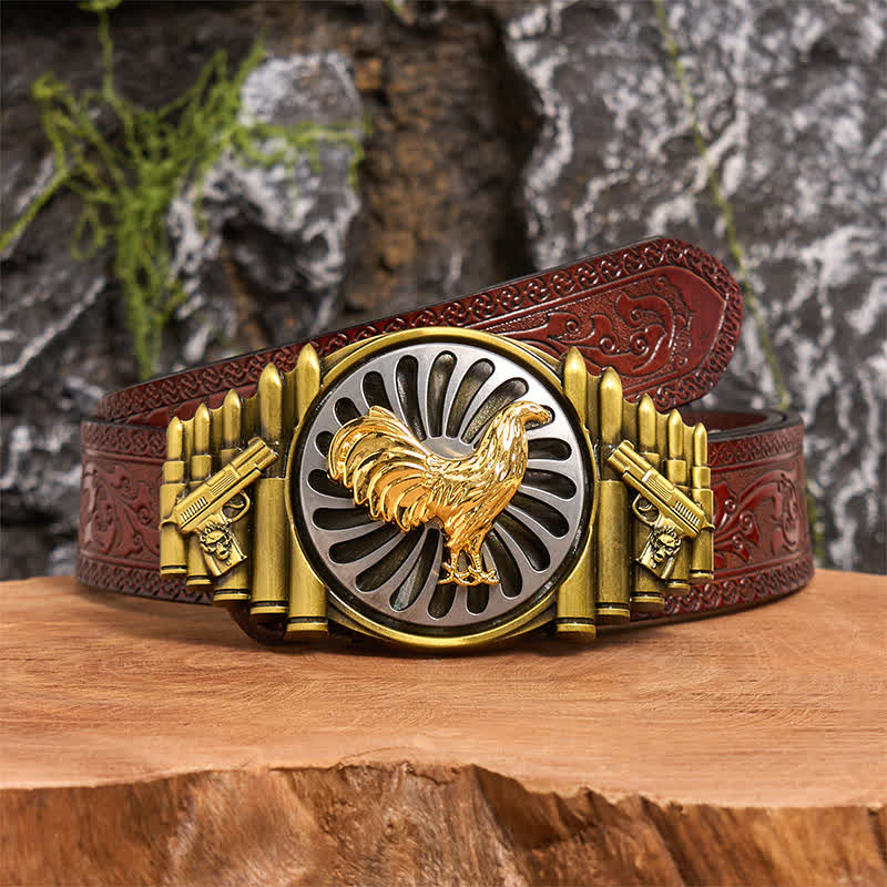 Cintura in pelle con fibbia girevole fai da te con motivo a pistola e proiettile a forma di gallo in bronzo - Gallo - Cintura marrone intagliata - 42 - image 7