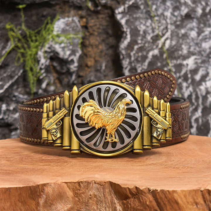 Cintura in pelle con fibbia girevole fai da te con motivo a pistola e proiettile a forma di gallo in bronzo - Gallo - Cintura con rivetti marroni - 42 - image 5