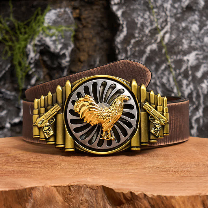 Cintura in pelle con fibbia girevole fai da te con motivo a pistola e proiettile a forma di gallo in bronzo - Gallo - Cintura marrone anticata - 42 - image 6