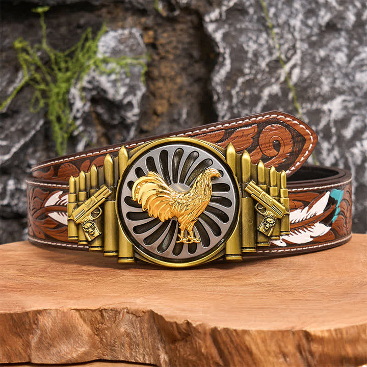 Cintura in pelle con fibbia girevole fai da te con motivo a pistola e proiettile a forma di gallo in bronzo - Gallo - Cintura di piume marroni - 40 - image 8