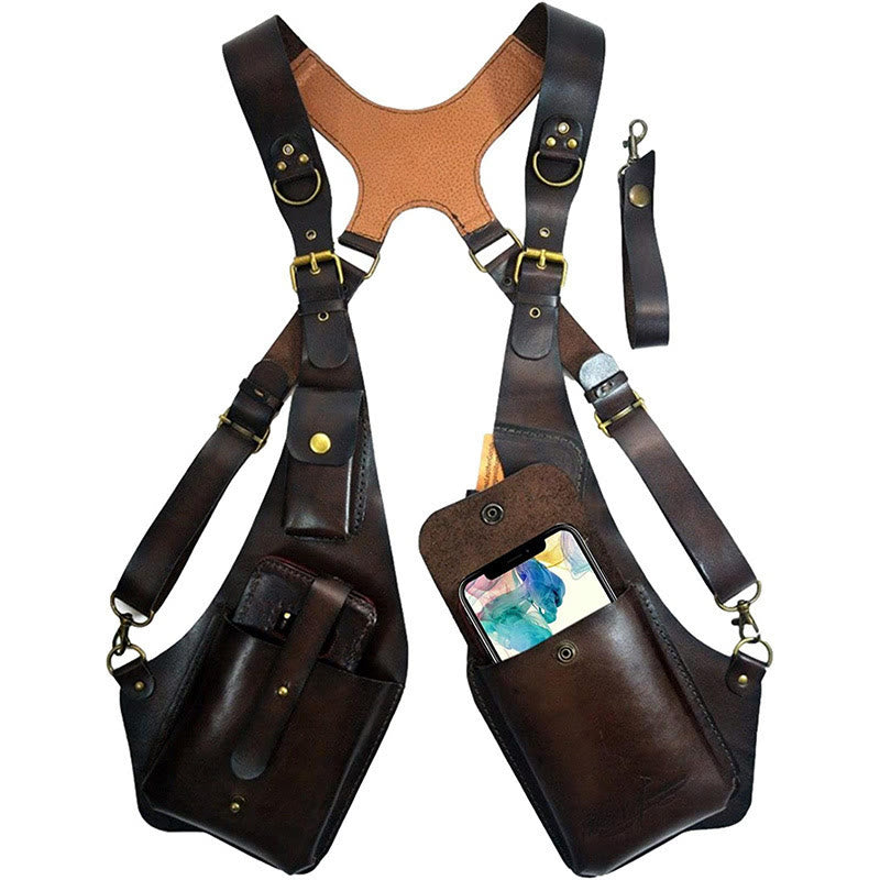 Borsa a tracolla retrò da uomo in pelle con cinturino per telefono e bottone sottobraccio - image 1