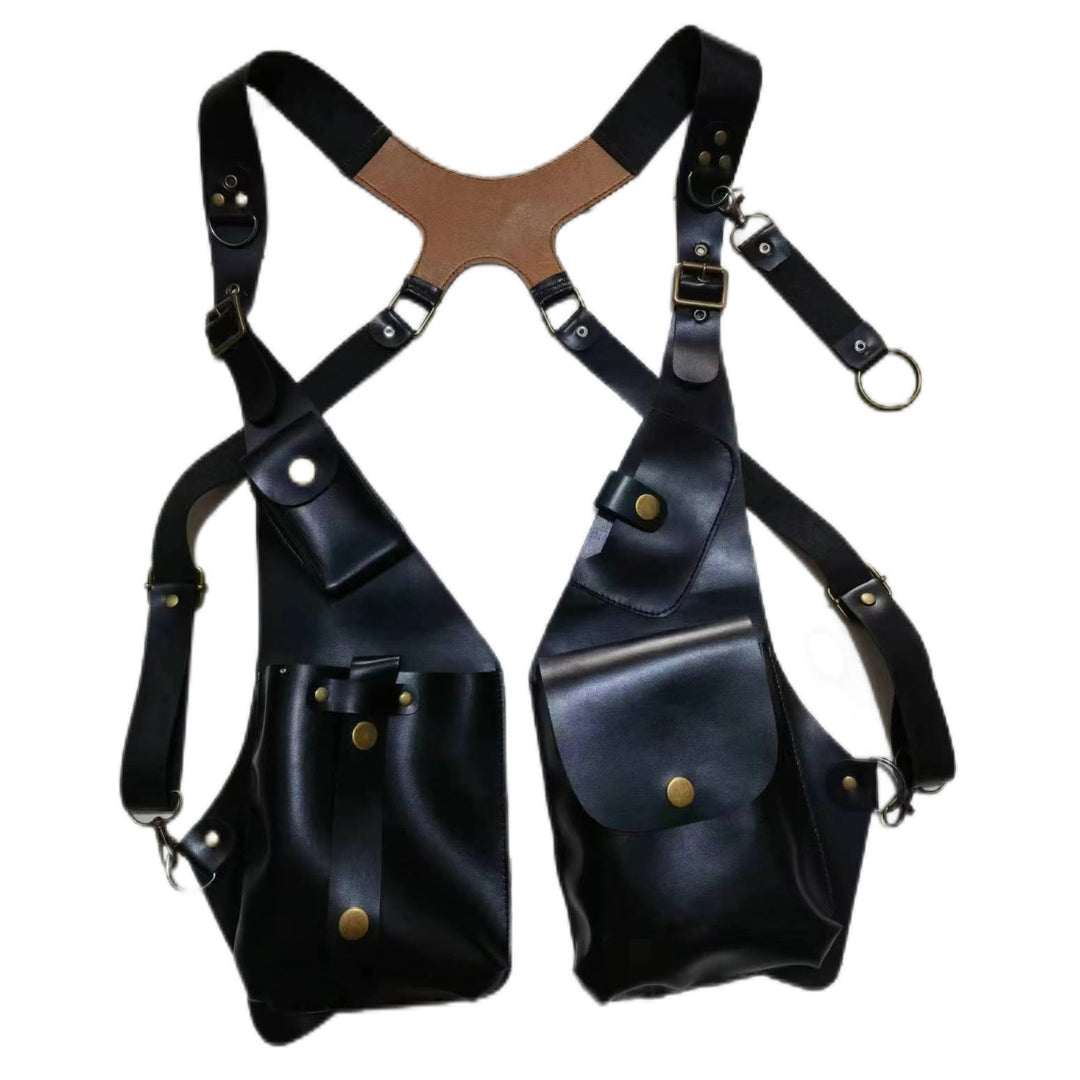 Borsa a tracolla retrò da uomo in pelle con cinturino per telefono e bottone sottobraccio - Nero - image 3