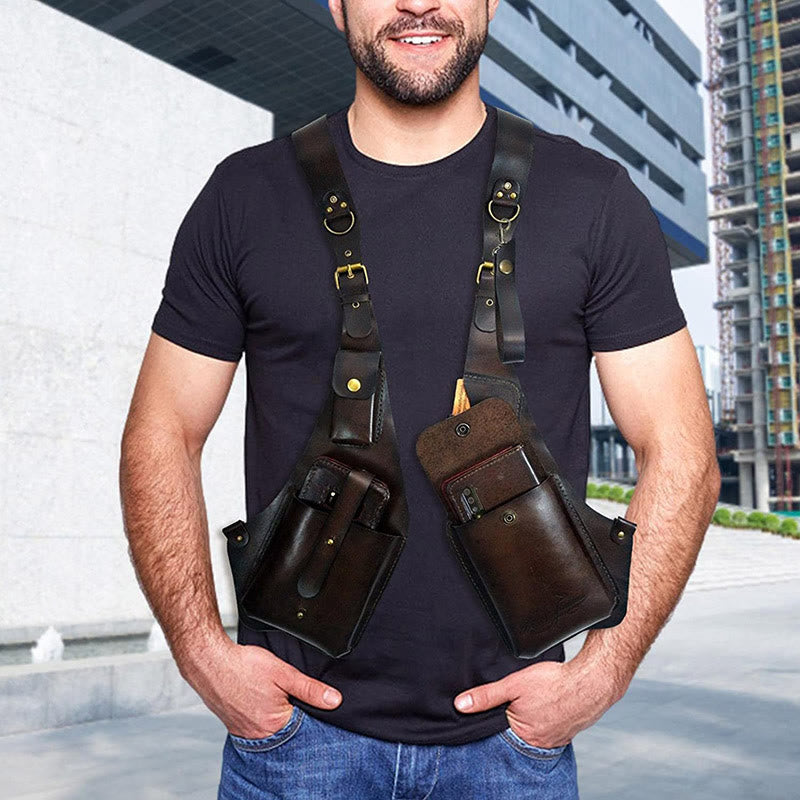 Borsa a tracolla retrò da uomo in pelle con cinturino per telefono e bottone sottobraccio - image 2