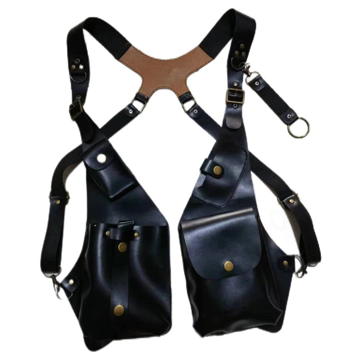 Borsa a tracolla retrò da uomo in pelle con cinturino per telefono e bottone sottobraccio - Nero - image 4