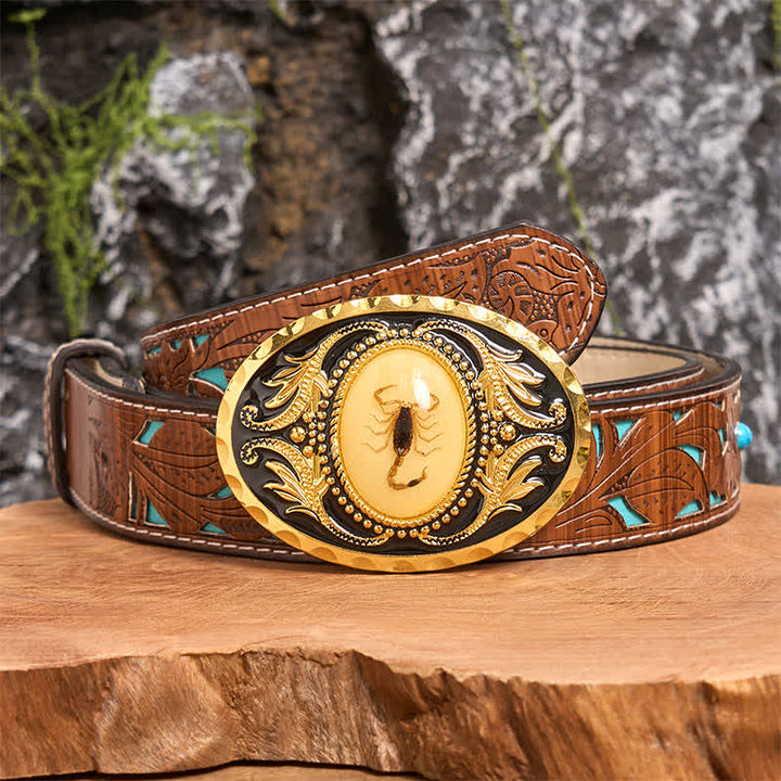 Cintura in pelle con fibbia decorativa a forma di scorpione fai da te in oro - Scorpion - Cintura intagliata turchese - 42 - image 3