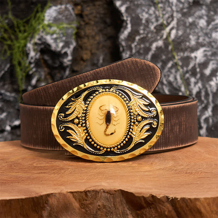 Cintura in pelle con fibbia decorativa a forma di scorpione fai da te in oro - Scorpion - Cintura marrone anticata - 42 - image 6