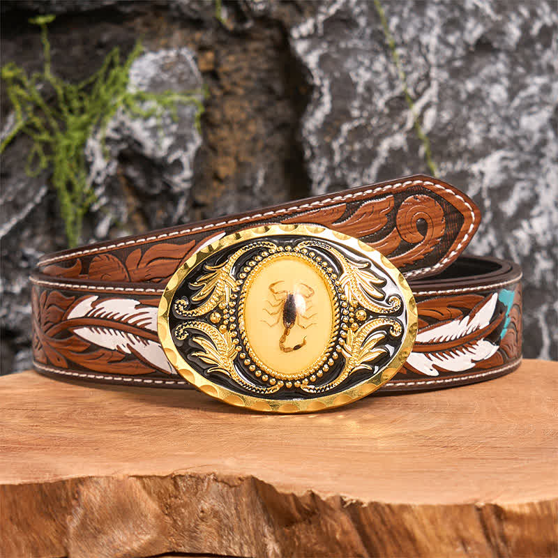 Cintura in pelle con fibbia decorativa a forma di scorpione fai da te in oro - Scorpion - Cintura di piume marroni - 40 - image 7