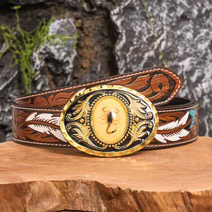 Cintura in pelle con fibbia decorativa a forma di scorpione fai da te in oro - Scorpion - Cintura di piume marroni - 40 - image 7