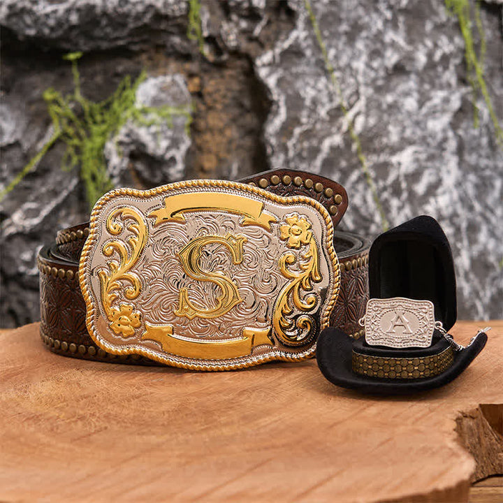 Set di collana in argento con fibbia per cintura western fai da te con lettera iniziale - Fascio - Cintura con rivetti marroni - 42 - image 4