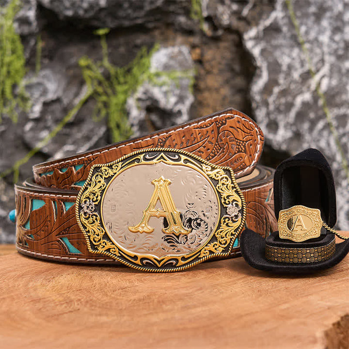 Set di collana in oro con fibbia per cintura fai da te con iniziale in oro nero - Fascio - Cintura intagliata turchese - 42 - image 0