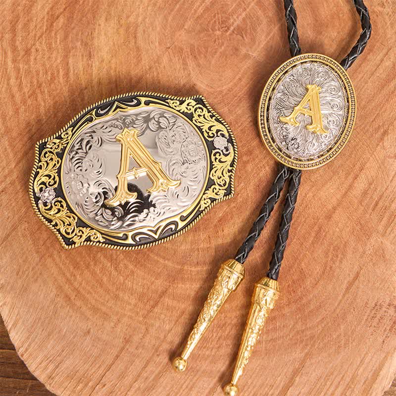 Set di cravatte Bolo dorate con fibbia per cintura fai da te con iniziale in oro nero - Fascio - Senza cintura - Cintura non inclusa - image 2
