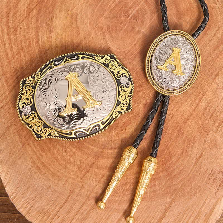Set di cravatte Bolo dorate con fibbia per cintura fai da te con iniziale in oro nero - Fascio - Senza cintura - Cintura non inclusa - image 2