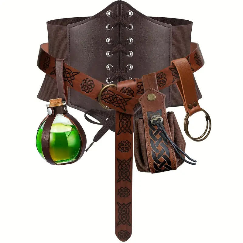 Accessori per cosplay di Halloween, bottiglia alchemica, cintura vichinga, 5 pezzi - 5 pezzi - Marrone - XL (32,7 pollici / 83 cm) - image 1