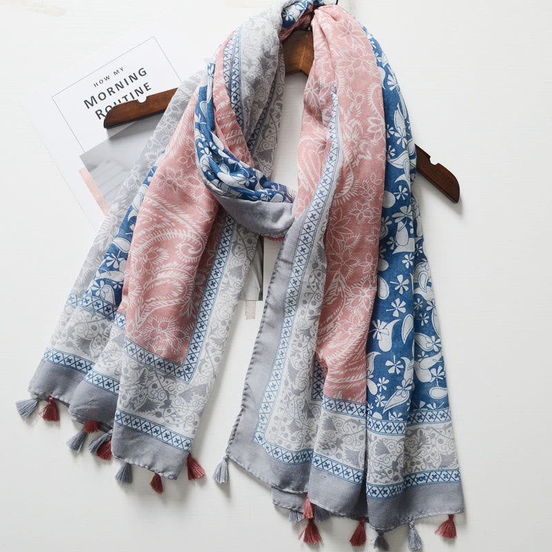 Sciarpa color block con stampa anacardi in stile bohémien - Blu e rosa - image 0