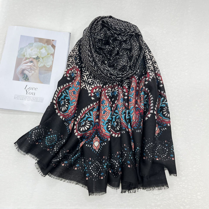 Sciarpa da donna con protezione solare estiva e stampa anacardi in stile etnico - Nero - image 3