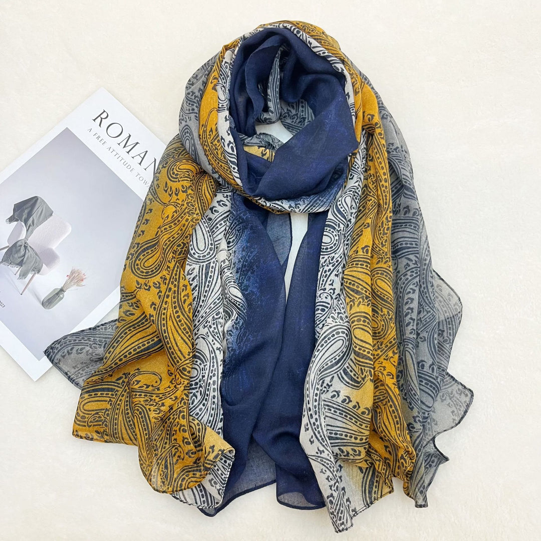 Sciarpa scialle da donna con protezione solare color block - Giallo e blu navy - image 0
