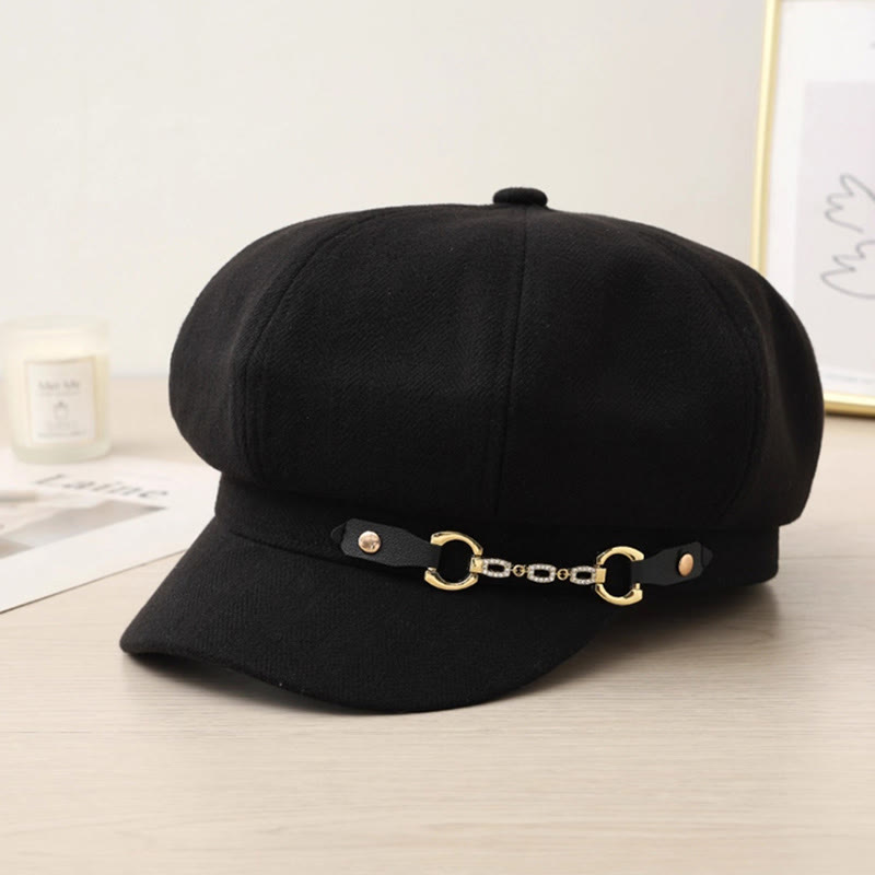 Cappello basco invernale alla moda da donna con catena e fibbia in metallo - Nero - Regolabile (21 5/8"-23 5/8") - image 1