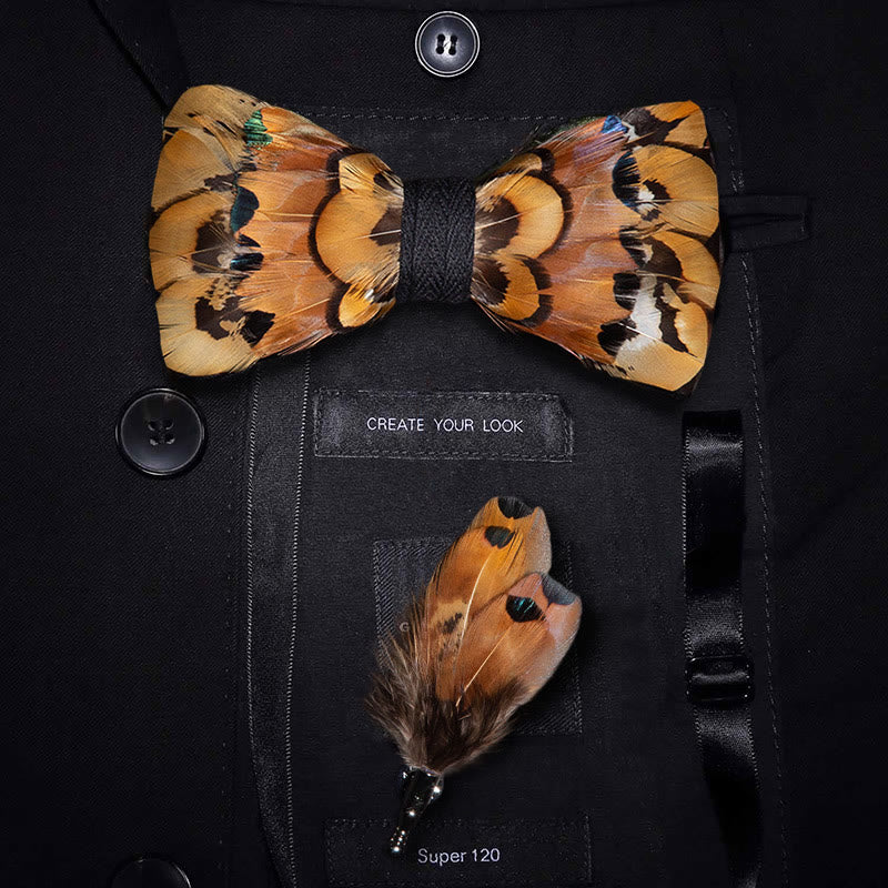 Papillon con piume di fagiano beige e oro con spilla da bavero - Adulto - image 0