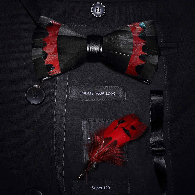Papillon con piume di cigno nere e rosse con spilla da bavero - Adulto - image 0