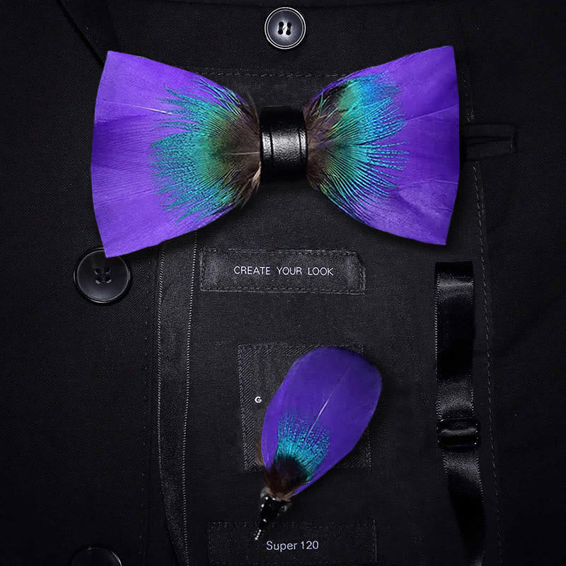 Papillon con piume viola e verde acqua con spilla da bavero - Adulto - image 0