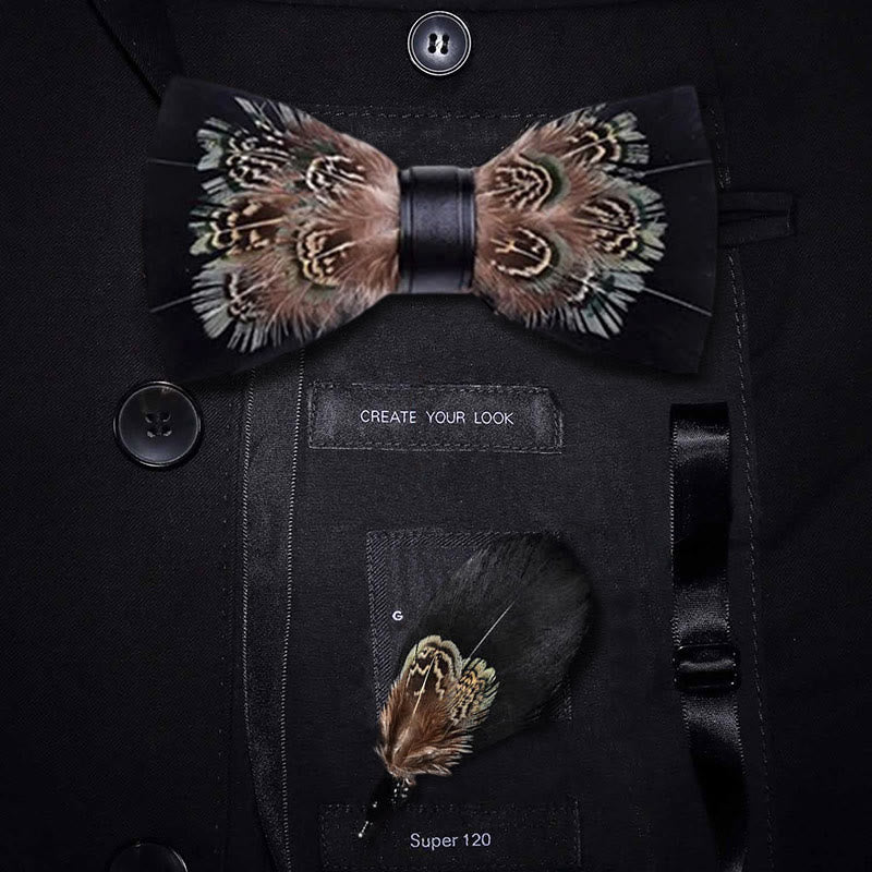 Papillon con piume di fagiano nere e marroni con spilla da bavero - Adulto - image 0