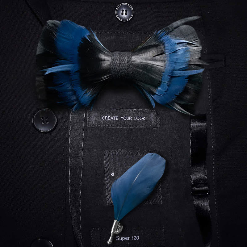 Papillon con piume blu notte e nere con spilla da bavero - Adulto - image 0
