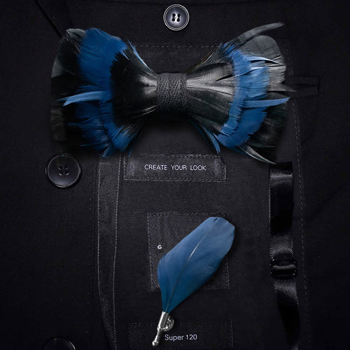 Papillon con piume blu notte e nere con spilla da bavero - Adulto - image 0