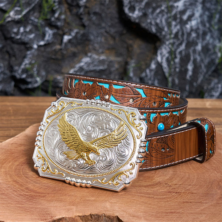 Cintura in pelle con fibbia da cowboy fai da te Golden Flying Eagle - Aquila volante - Cintura intagliata turchese - 42 - image 4