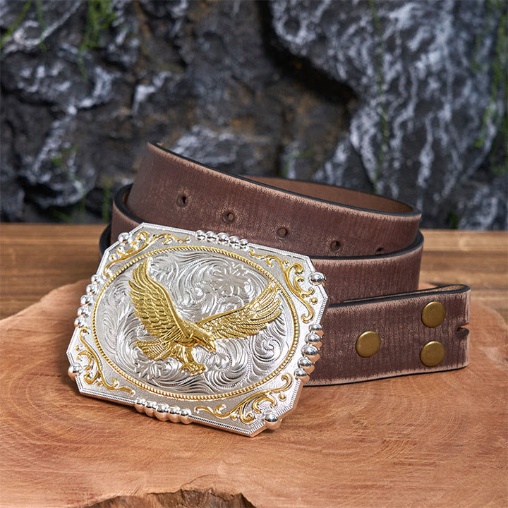 Cintura in pelle con fibbia da cowboy fai da te Golden Flying Eagle - Aquila volante - Cintura marrone anticata - 42 - image 6
