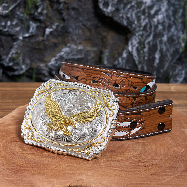 Cintura in pelle con fibbia da cowboy fai da te Golden Flying Eagle - Aquila volante - Cintura di piume marroni - 40 - image 8