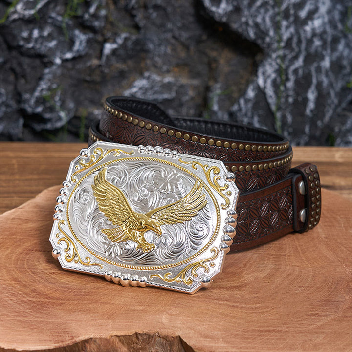Cintura in pelle con fibbia da cowboy fai da te Golden Flying Eagle - Aquila volante - Cintura con rivetti marroni - 42 - image 5