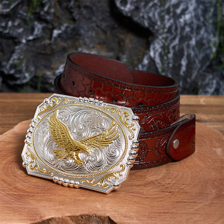 Cintura in pelle con fibbia da cowboy fai da te Golden Flying Eagle - Aquila volante - Cintura marrone intagliata - 42 - image 7