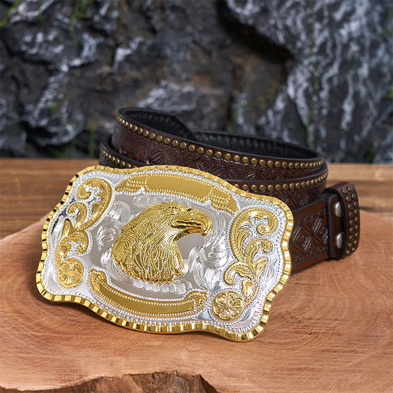 Cintura in pelle con fibbia da cowboy fai da te con testa d'aquila feroce dorata - Testa d'aquila - Cintura con rivetti marroni - 42 - image 5