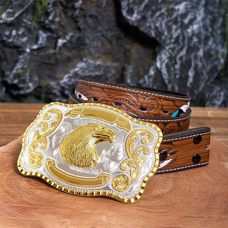 Cintura in pelle con fibbia da cowboy fai da te con testa d'aquila feroce dorata - Testa d'aquila - Cintura di piume marroni - 40 - image 8