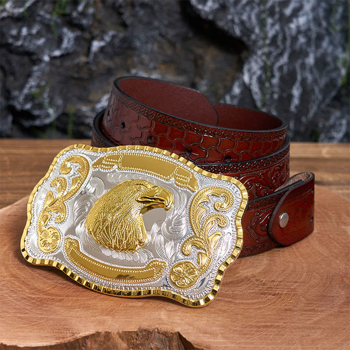Cintura in pelle con fibbia da cowboy fai da te con testa d'aquila feroce dorata - Testa d'aquila - Cintura marrone intagliata - 42 - image 7