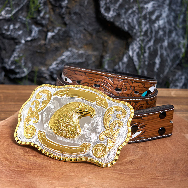 Cintura in pelle con fibbia da cowboy fai da te con testa d'aquila feroce dorata - Testa d'aquila - Cintura di piume marroni - 40 - image 8
