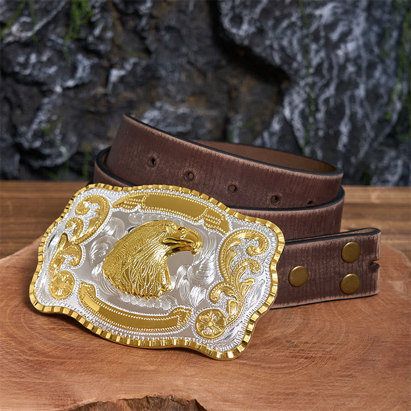 Cintura in pelle con fibbia da cowboy fai da te con testa d'aquila feroce dorata - Testa d'aquila - Cintura marrone anticata - 42 - image 6