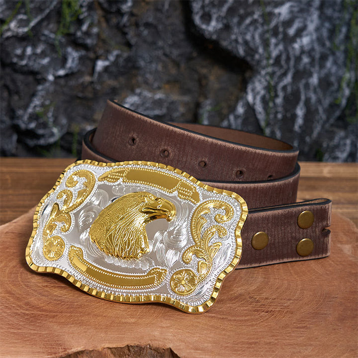 Cintura in pelle con fibbia da cowboy fai da te con testa d'aquila feroce dorata - Testa d'aquila - Cintura marrone anticata - 42 - image 6