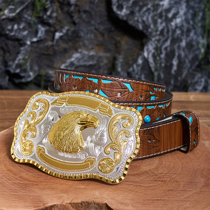 Cintura in pelle con fibbia da cowboy fai da te con testa d'aquila feroce dorata - Testa d'aquila - Cintura intagliata turchese - 42 - image 4