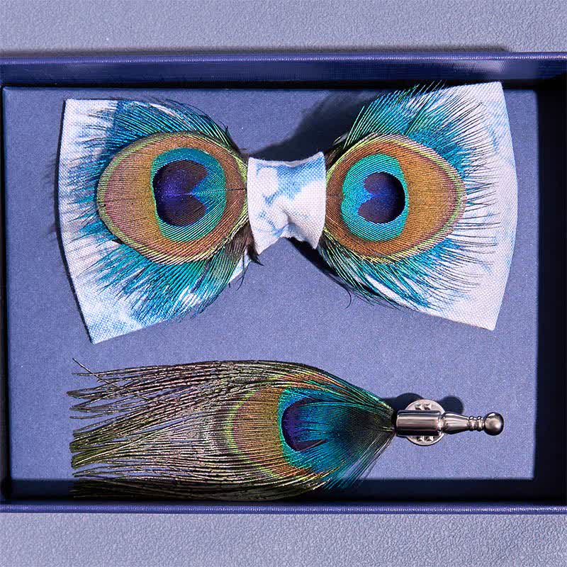 Papillon con piume di pavone blu e bianco - image 3