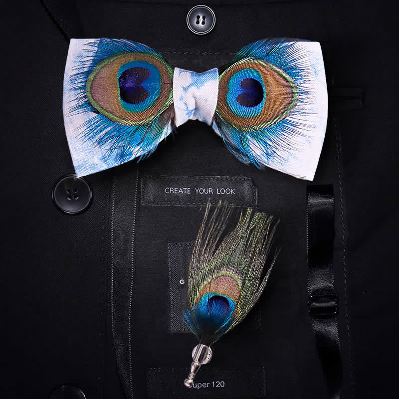Papillon con piume di pavone blu e bianco - Blu e bianco - image 0