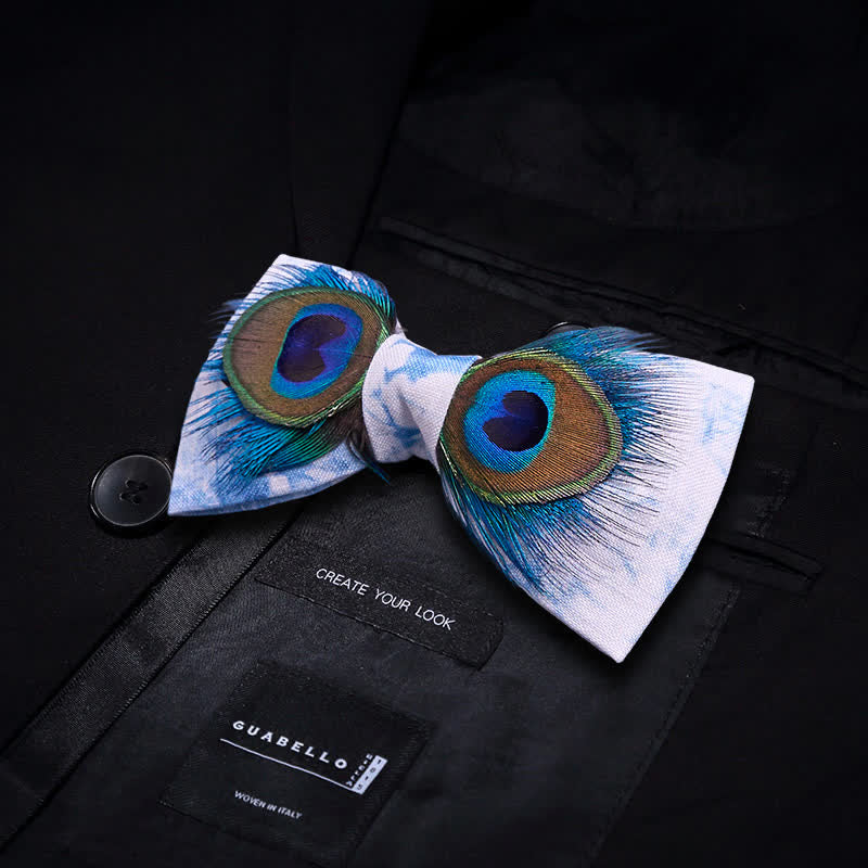 Papillon con piume di pavone blu e bianco - image 2