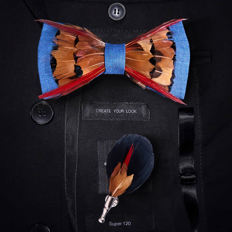 Papillon con piume rosse intersecate di fagiano marrone - Blu e marrone - image 0