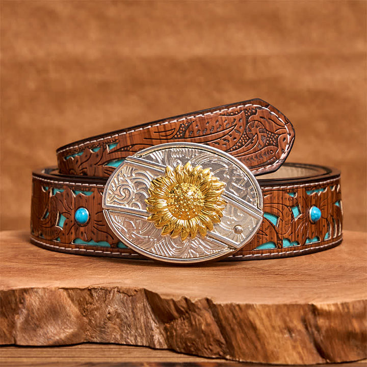 Cintura in pelle fai da te da uomo con coltello pieghevole nascosto a forma di girasole in oro e argento - Girasole - Cintura intagliata turchese - 42 - image 5