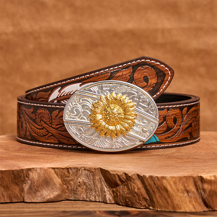 Cintura in pelle fai da te da uomo con coltello pieghevole nascosto a forma di girasole in oro e argento - Girasole - Cintura di piume marroni - 40 - image 8