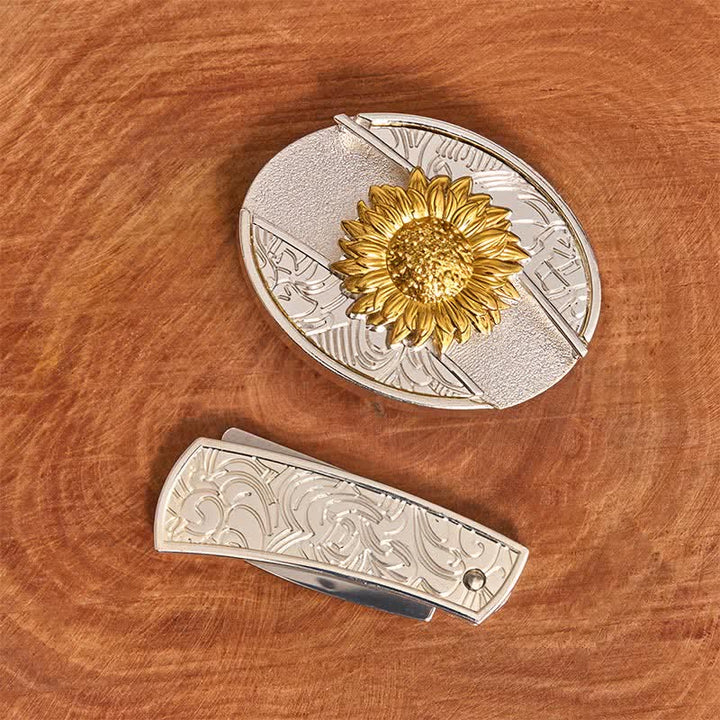 Cintura in pelle fai da te da uomo con coltello pieghevole nascosto a forma di girasole in oro e argento - image 2