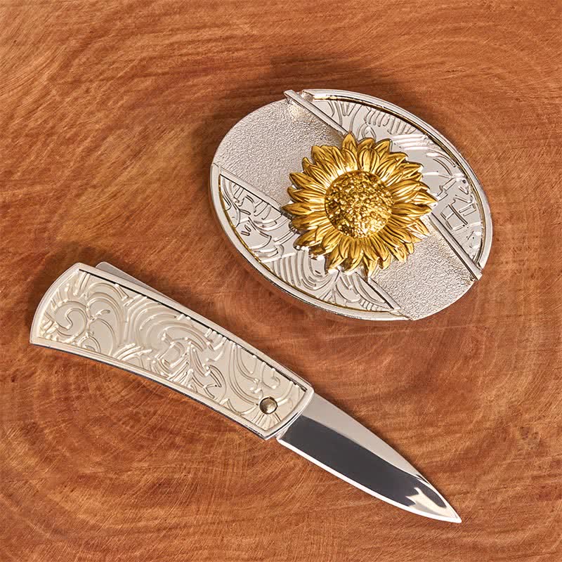 Cintura in pelle fai da te da uomo con coltello pieghevole nascosto a forma di girasole in oro e argento - image 1