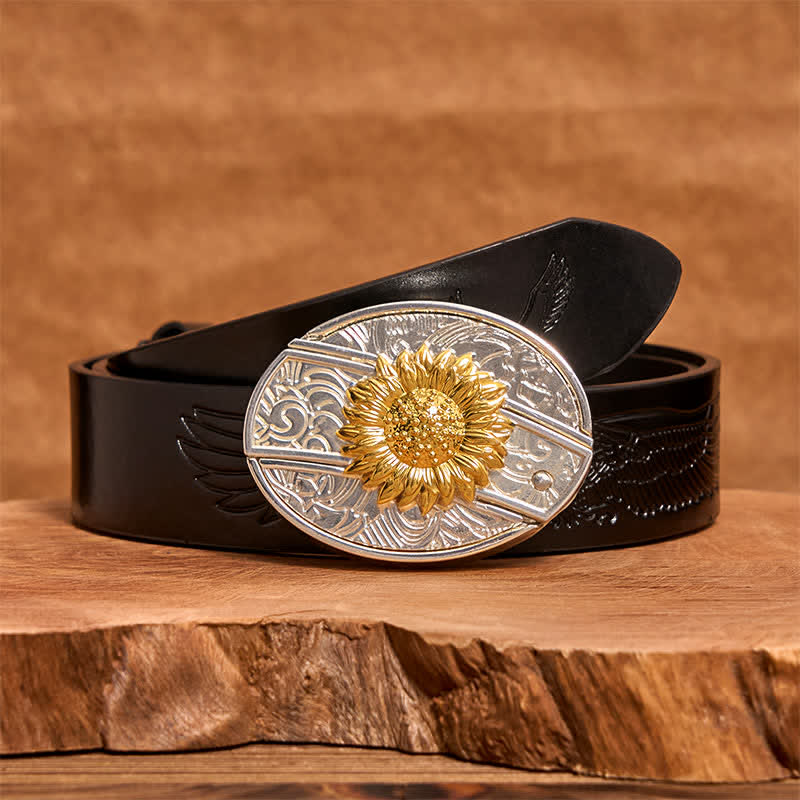 Cintura in pelle fai da te da uomo con coltello pieghevole nascosto a forma di girasole in oro e argento - Girasole - Cintura con aquila in rilievo nera - 42 - image 4