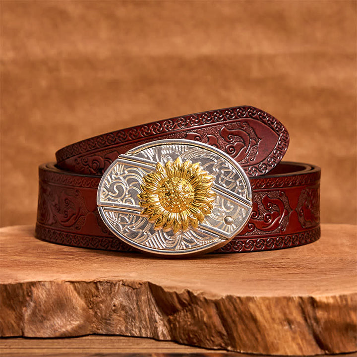 Cintura in pelle fai da te da uomo con coltello pieghevole nascosto a forma di girasole in oro e argento - Girasole - Cintura marrone intagliata - 42 - image 7