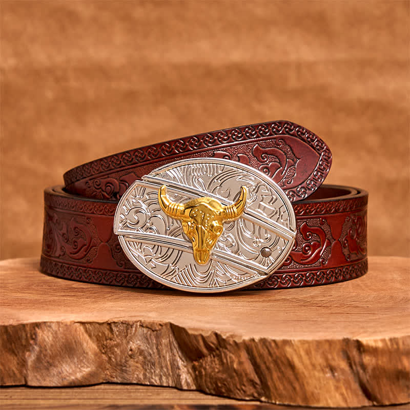 Cintura in pelle fai da te da uomo con coltello pieghevole nascosto in oro e argento - Toro - Cintura marrone intagliata - 42 - image 7